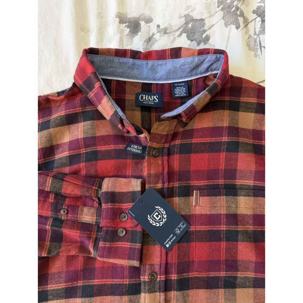 NWT NEW Chaps Flannel Stretch Casual Long Sleeve Shirt Red Plaid Check Workwear